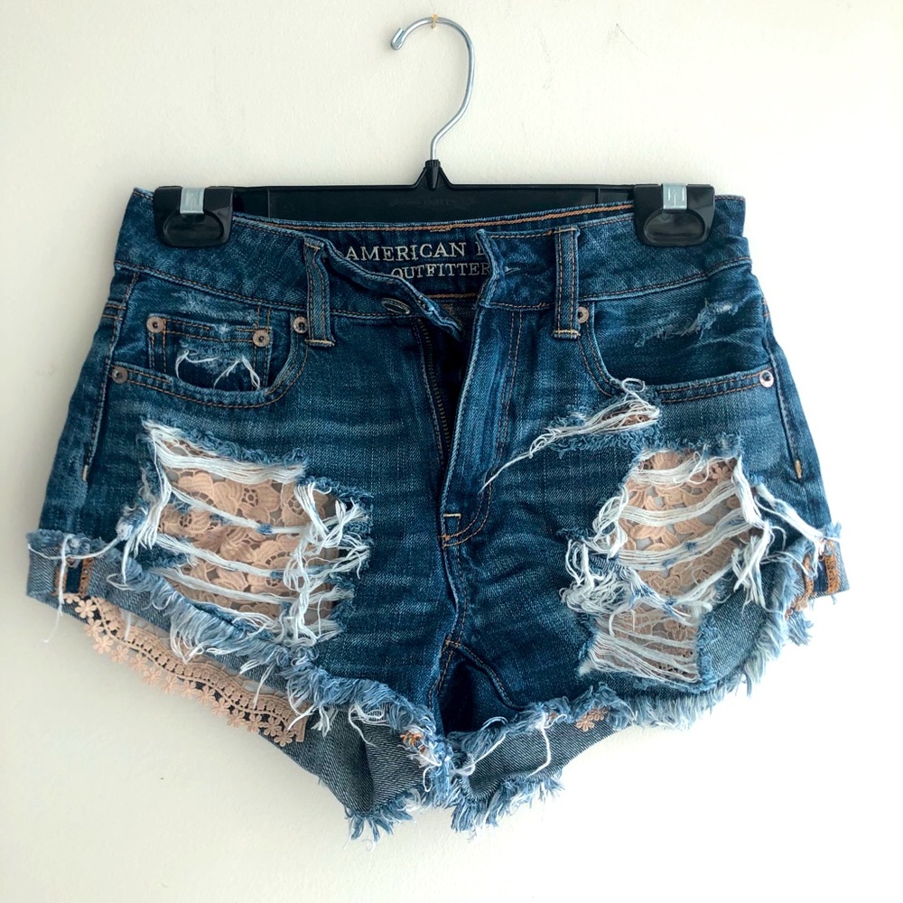 American Eagle | Distressed Denim Shorts with Lace Detail